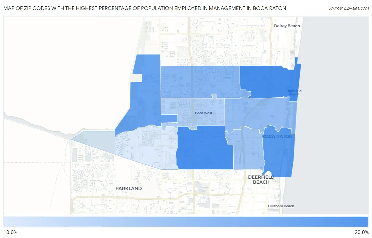 Zip Codes with the Highest Percentage of Population Employed in Management in Boca Raton Map