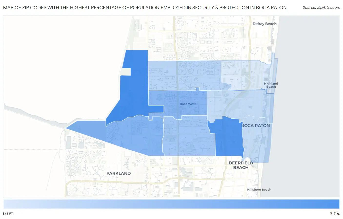 Zip Codes with the Highest Percentage of Population Employed in Security & Protection in Boca Raton Map