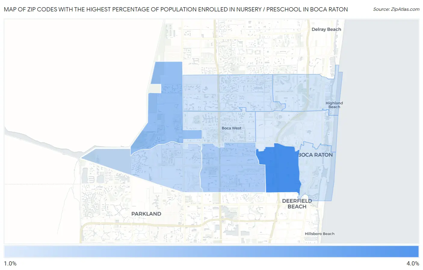 Zip Codes with the Highest Percentage of Population Enrolled in Nursery / Preschool in Boca Raton Map