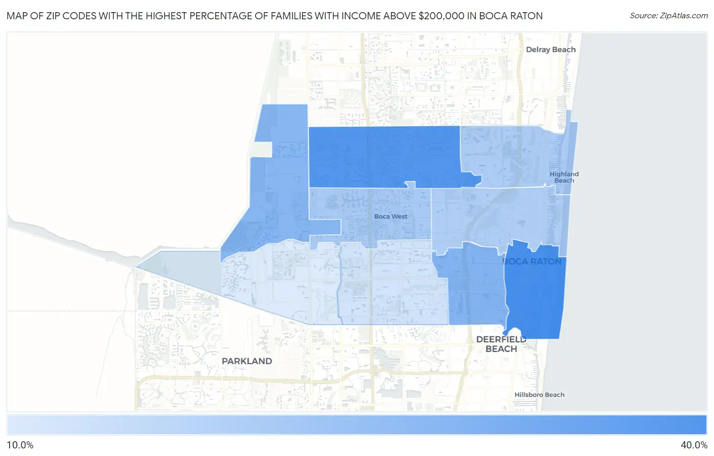 Zip Codes with the Highest Percentage of Families with Income Above $200,000 in Boca Raton Map
