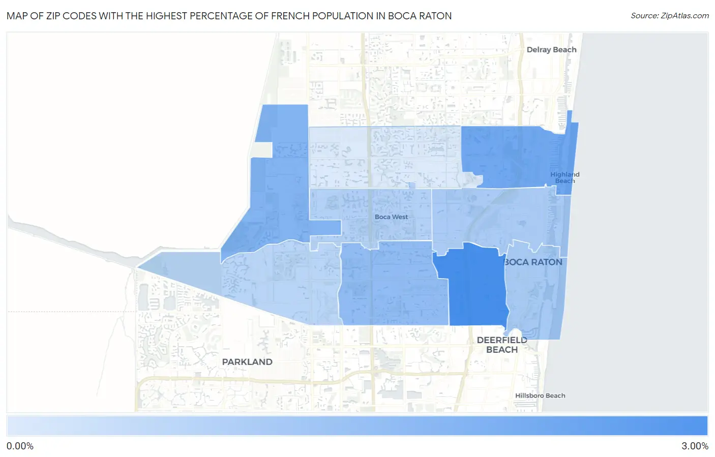 Zip Codes with the Highest Percentage of French Population in Boca Raton Map