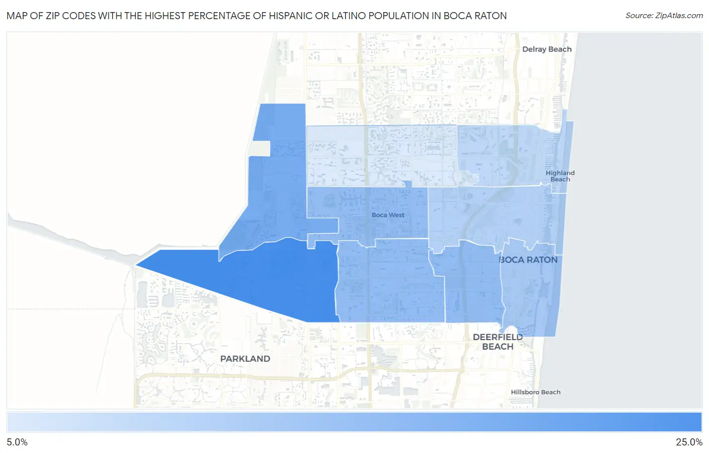 Zip Codes with the Highest Percentage of Hispanic or Latino Population in Boca Raton Map