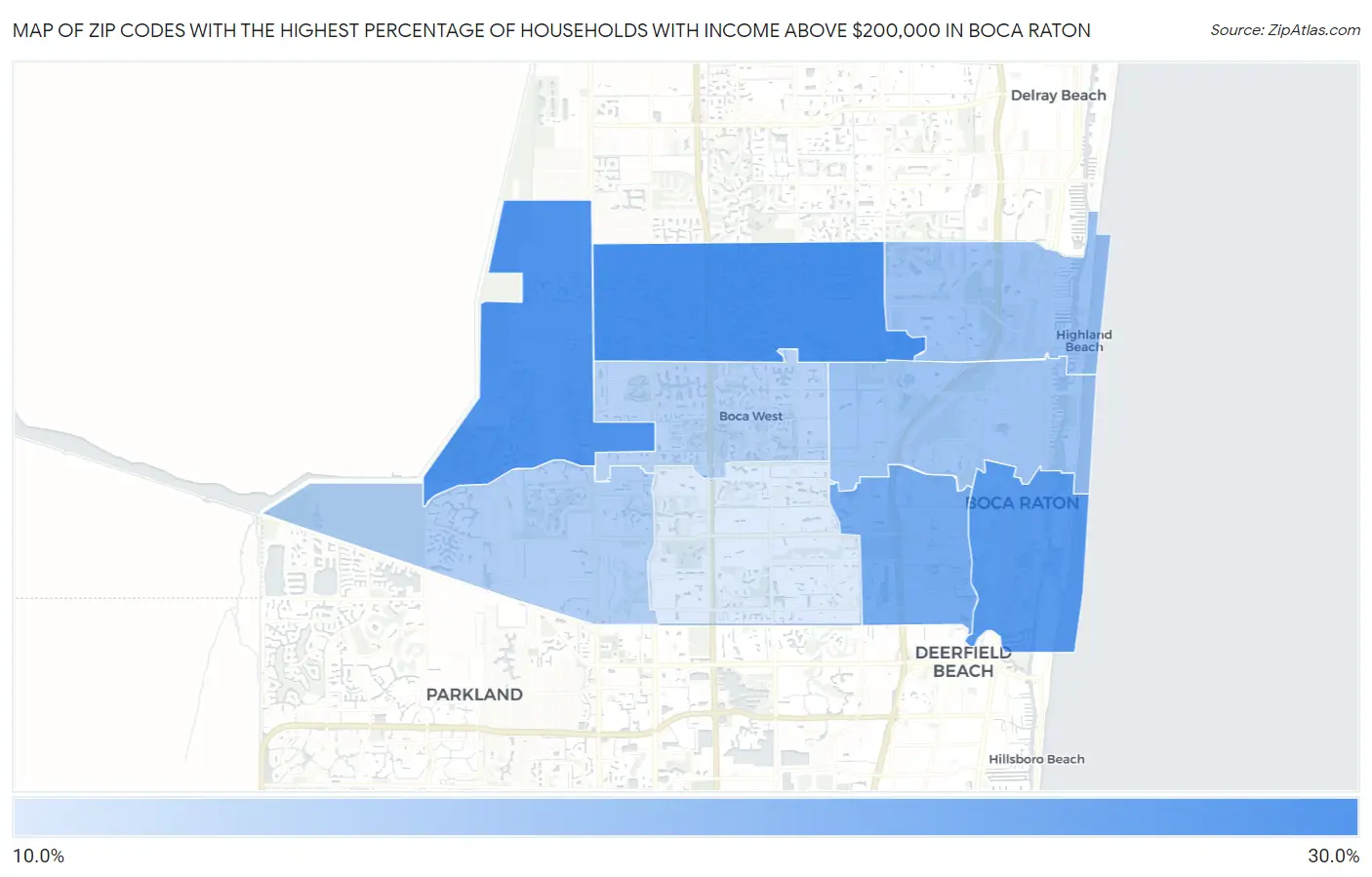 Zip Codes with the Highest Percentage of Households with Income Above $200,000 in Boca Raton Map