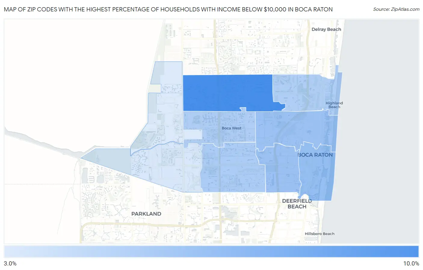 Zip Codes with the Highest Percentage of Households with Income Below $10,000 in Boca Raton Map