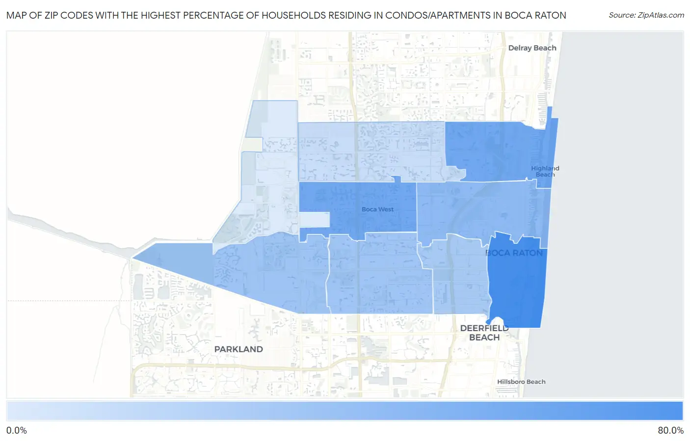 Zip Codes with the Highest Percentage of Households Residing in Condos/Apartments in Boca Raton Map
