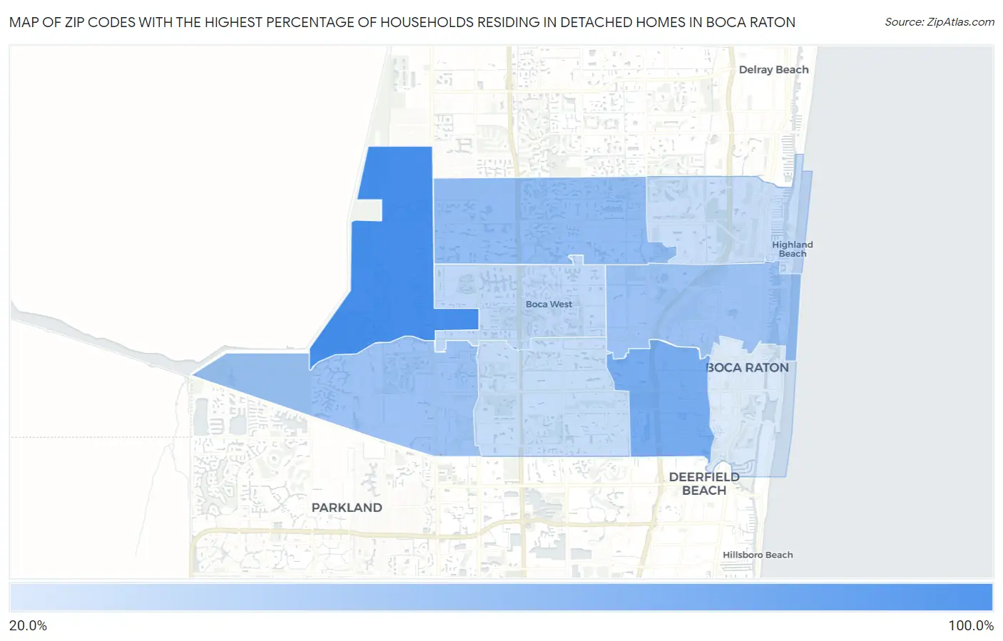 Zip Codes with the Highest Percentage of Households Residing in Detached Homes in Boca Raton Map