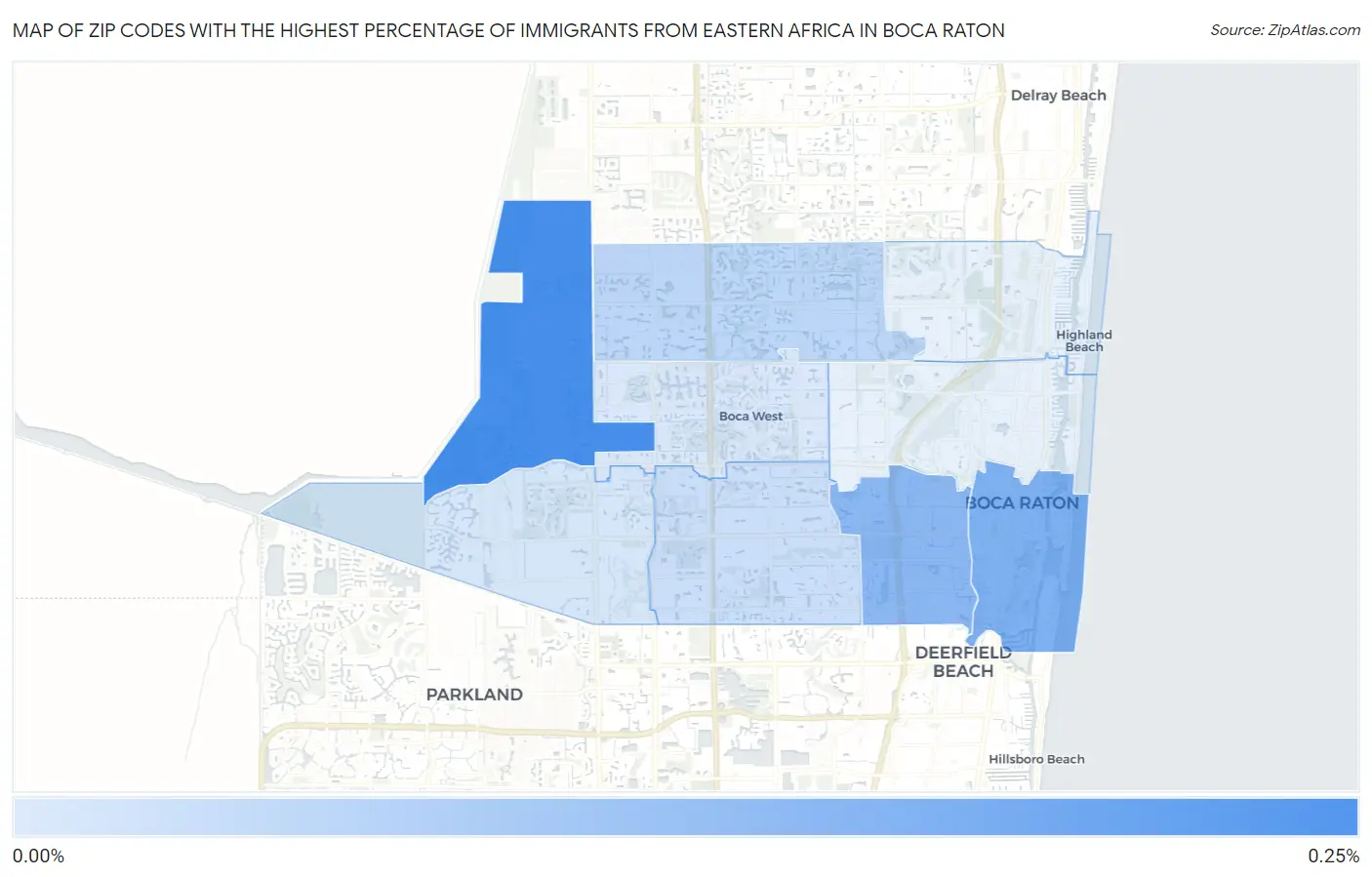 Zip Codes with the Highest Percentage of Immigrants from Eastern Africa in Boca Raton Map