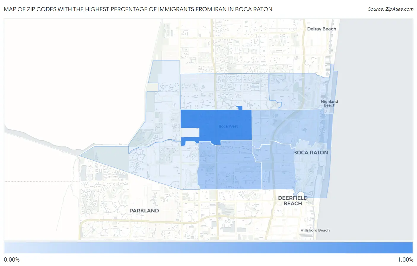 Zip Codes with the Highest Percentage of Immigrants from Iran in Boca Raton Map