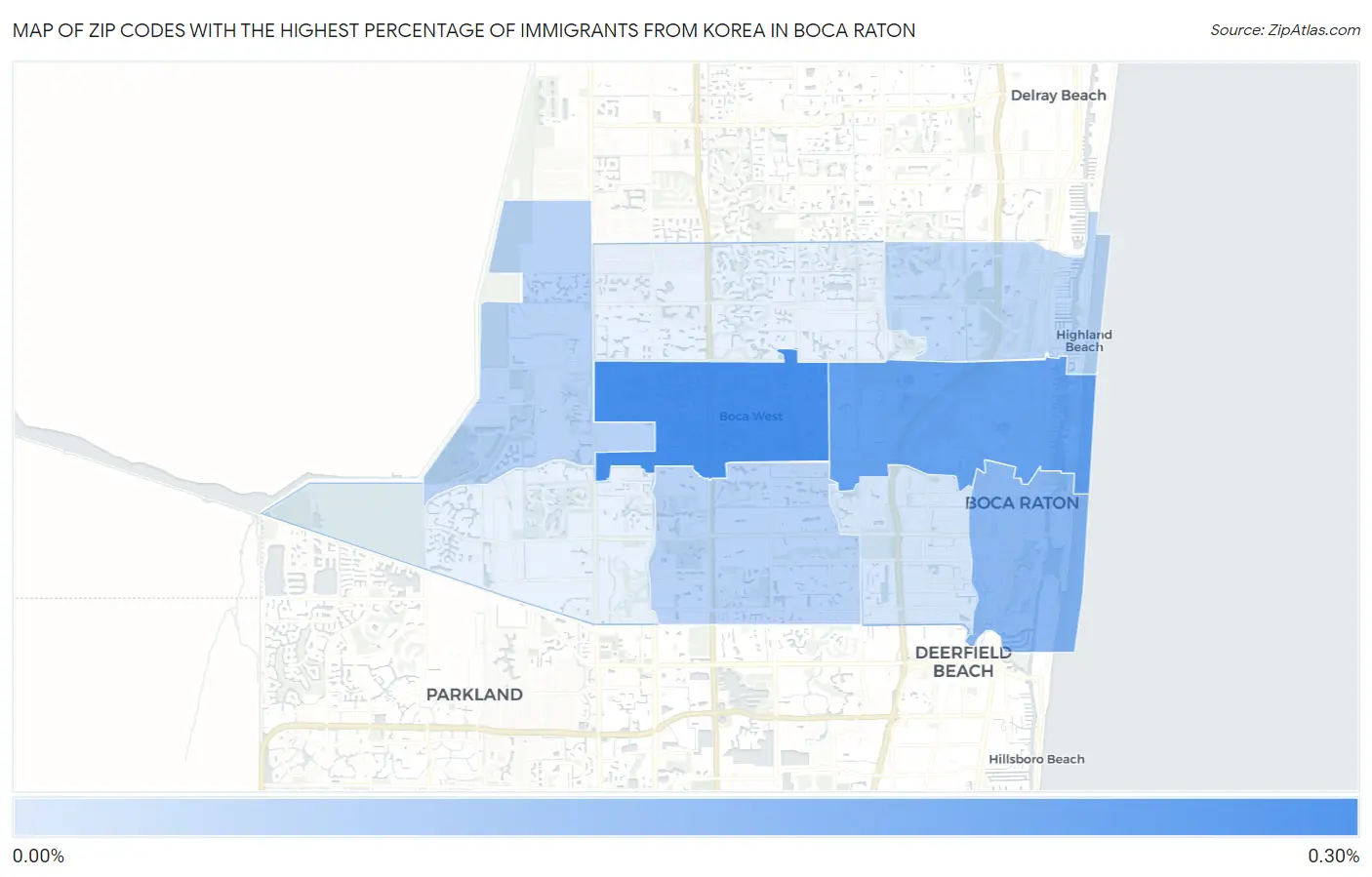 Zip Codes with the Highest Percentage of Immigrants from Korea in Boca Raton Map
