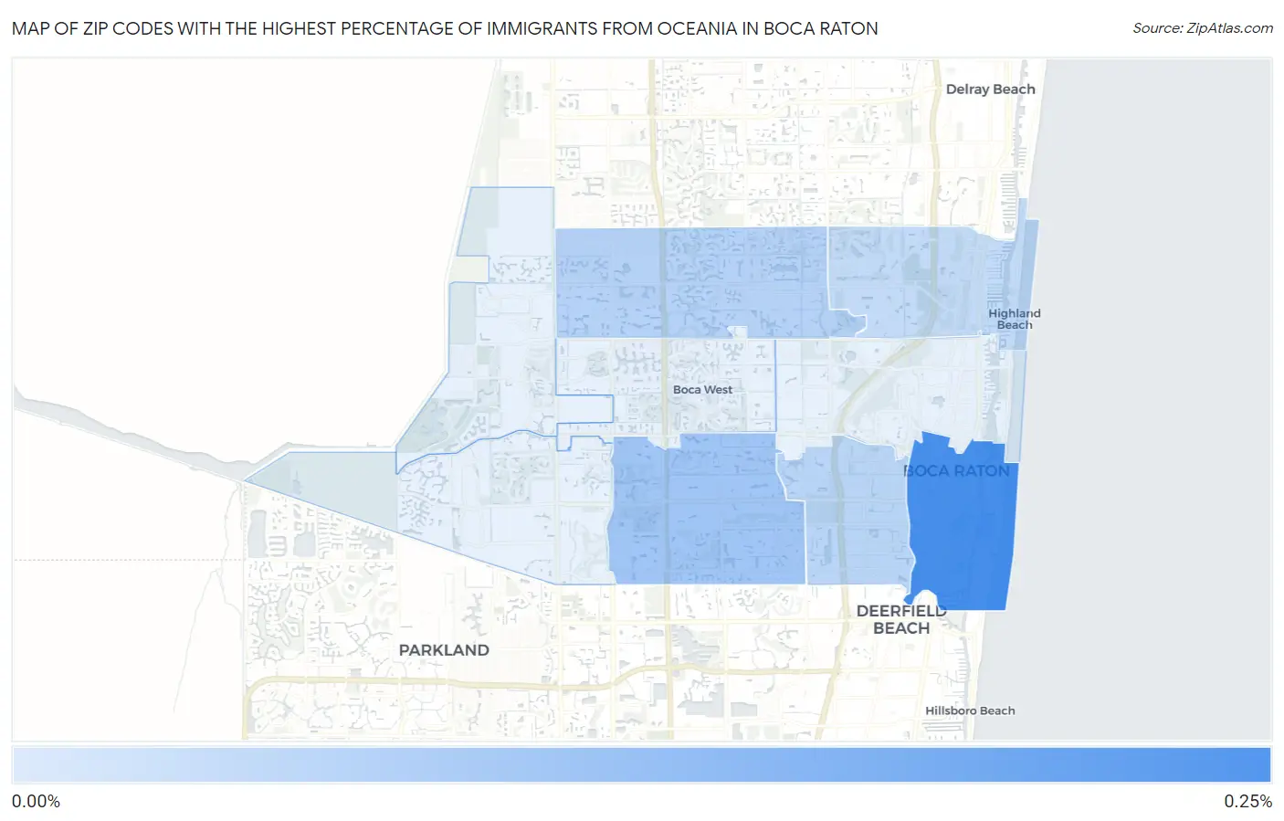 Zip Codes with the Highest Percentage of Immigrants from Oceania in Boca Raton Map