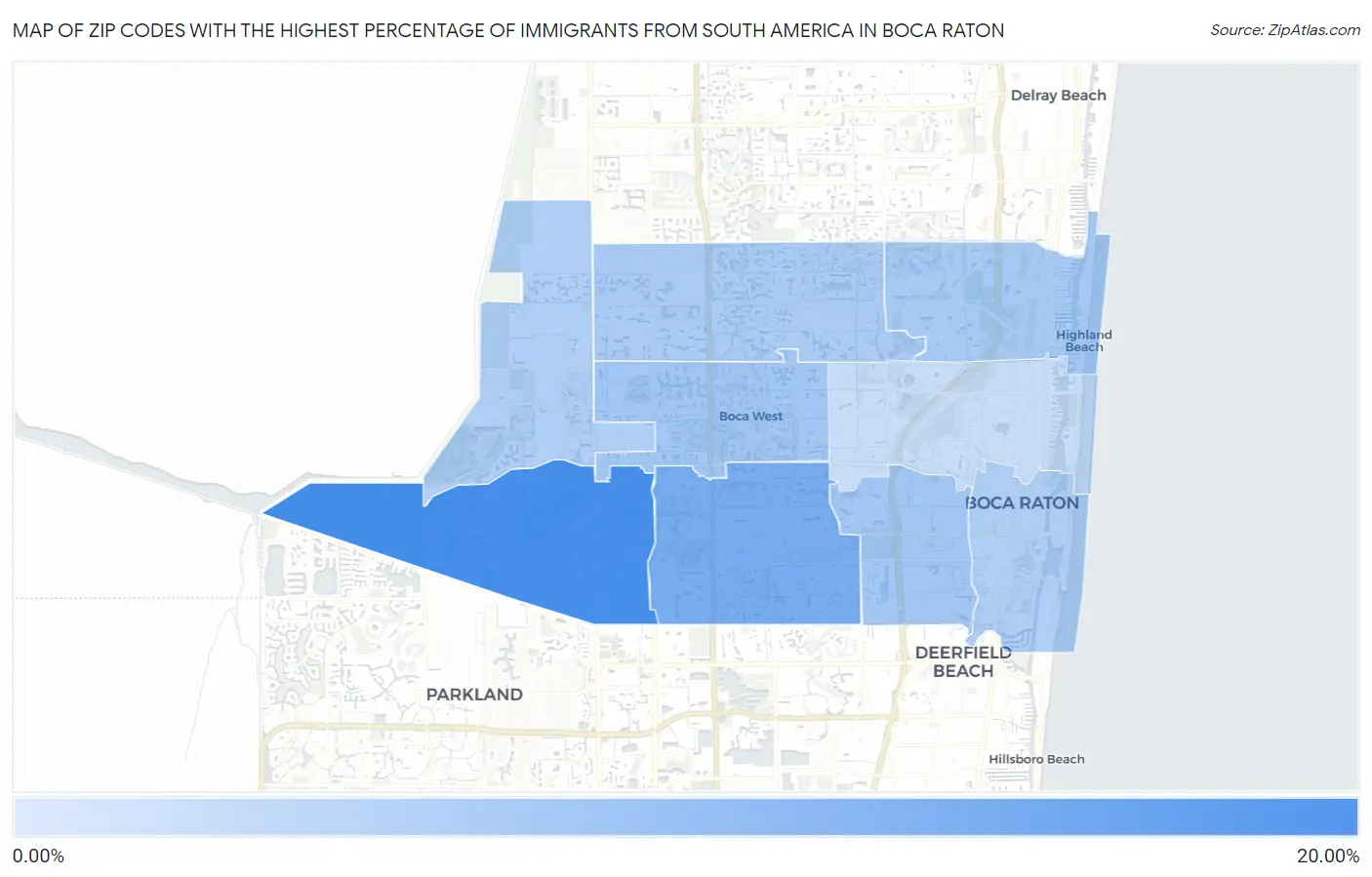 Zip Codes with the Highest Percentage of Immigrants from South America in Boca Raton Map