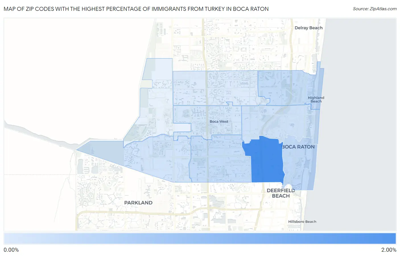 Zip Codes with the Highest Percentage of Immigrants from Turkey in Boca Raton Map