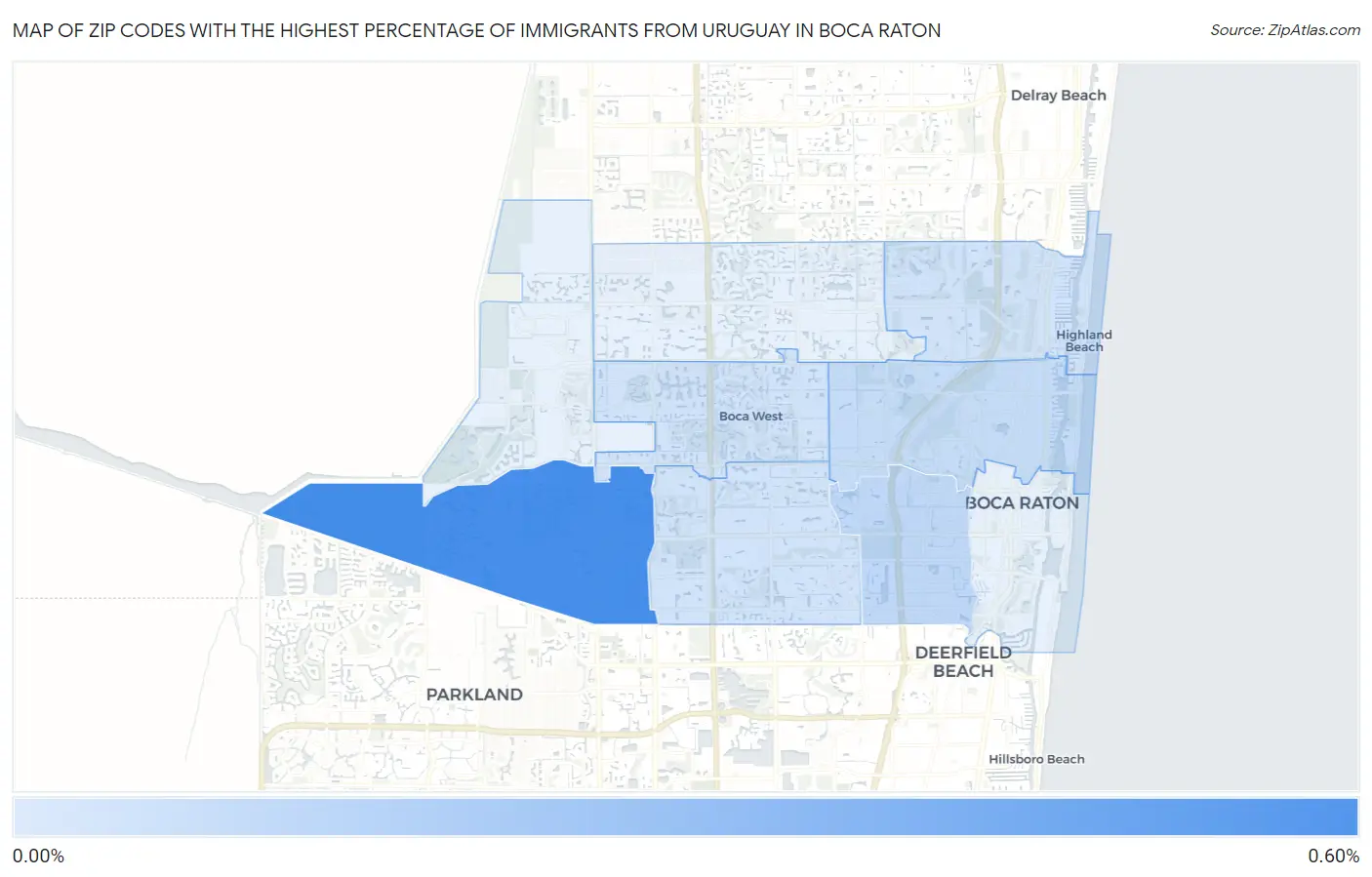 Zip Codes with the Highest Percentage of Immigrants from Uruguay in Boca Raton Map