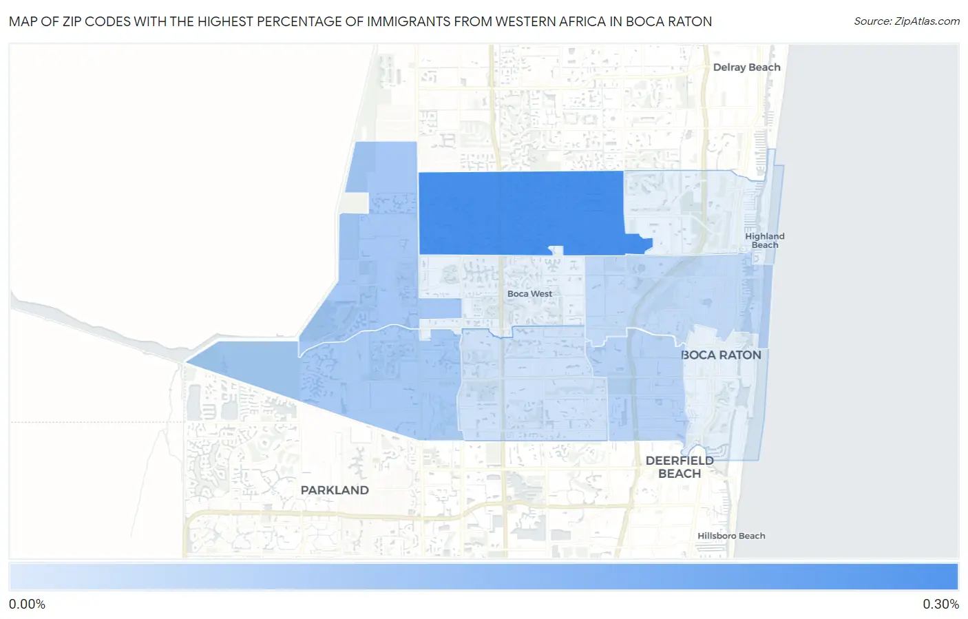 Zip Codes with the Highest Percentage of Immigrants from Western Africa in Boca Raton Map