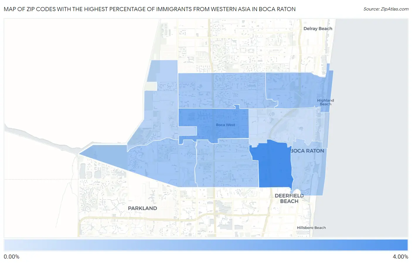 Zip Codes with the Highest Percentage of Immigrants from Western Asia in Boca Raton Map