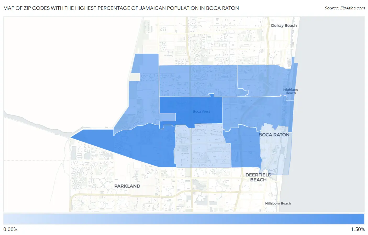 Zip Codes with the Highest Percentage of Jamaican Population in Boca Raton Map