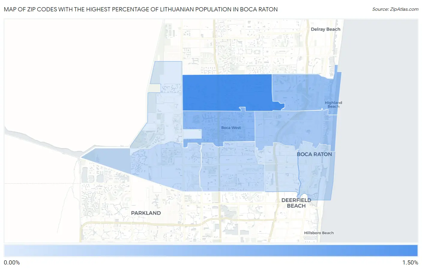 Zip Codes with the Highest Percentage of Lithuanian Population in Boca Raton Map