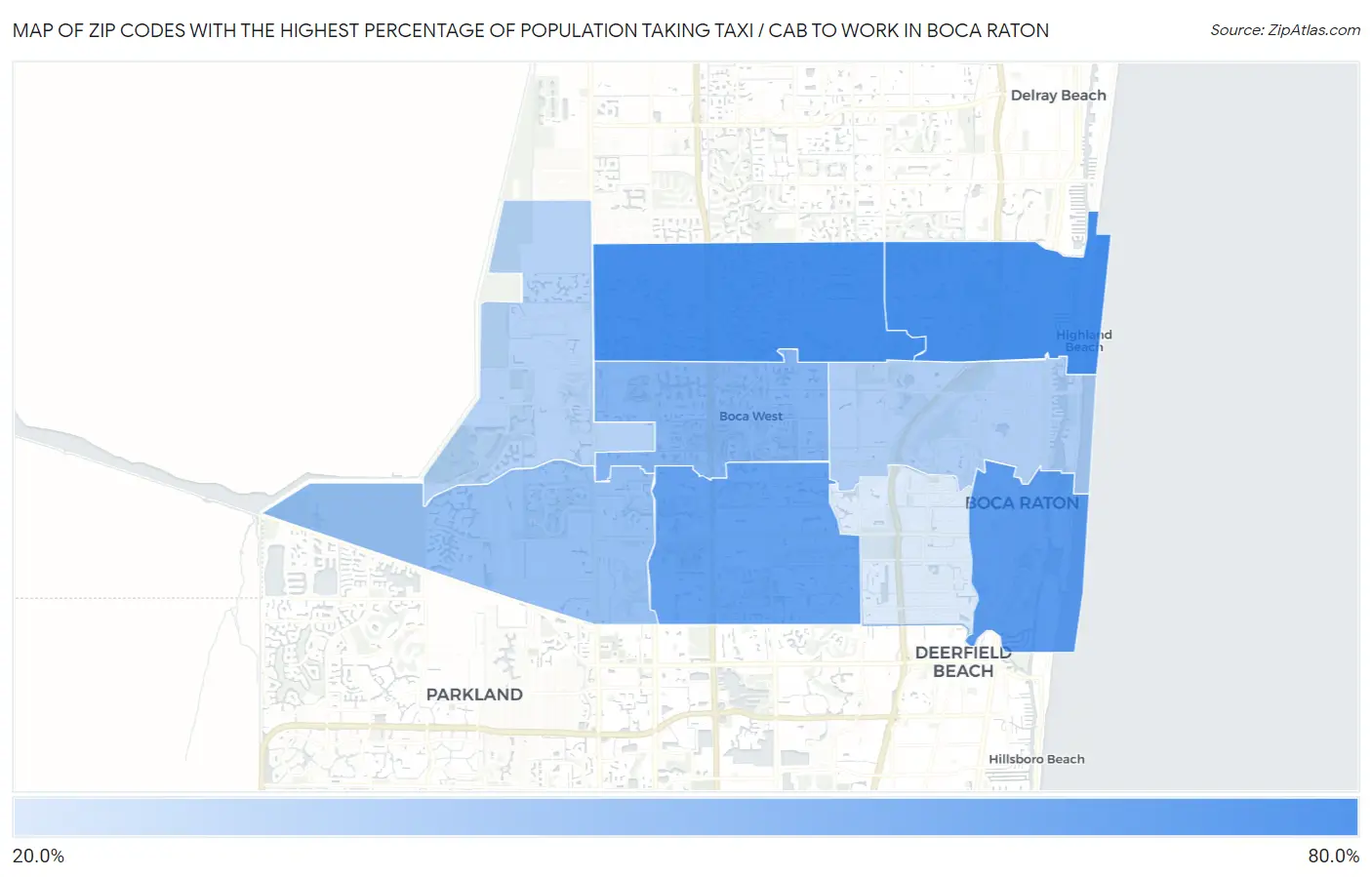 Zip Codes with the Highest Percentage of Population Taking Taxi / Cab to Work in Boca Raton Map