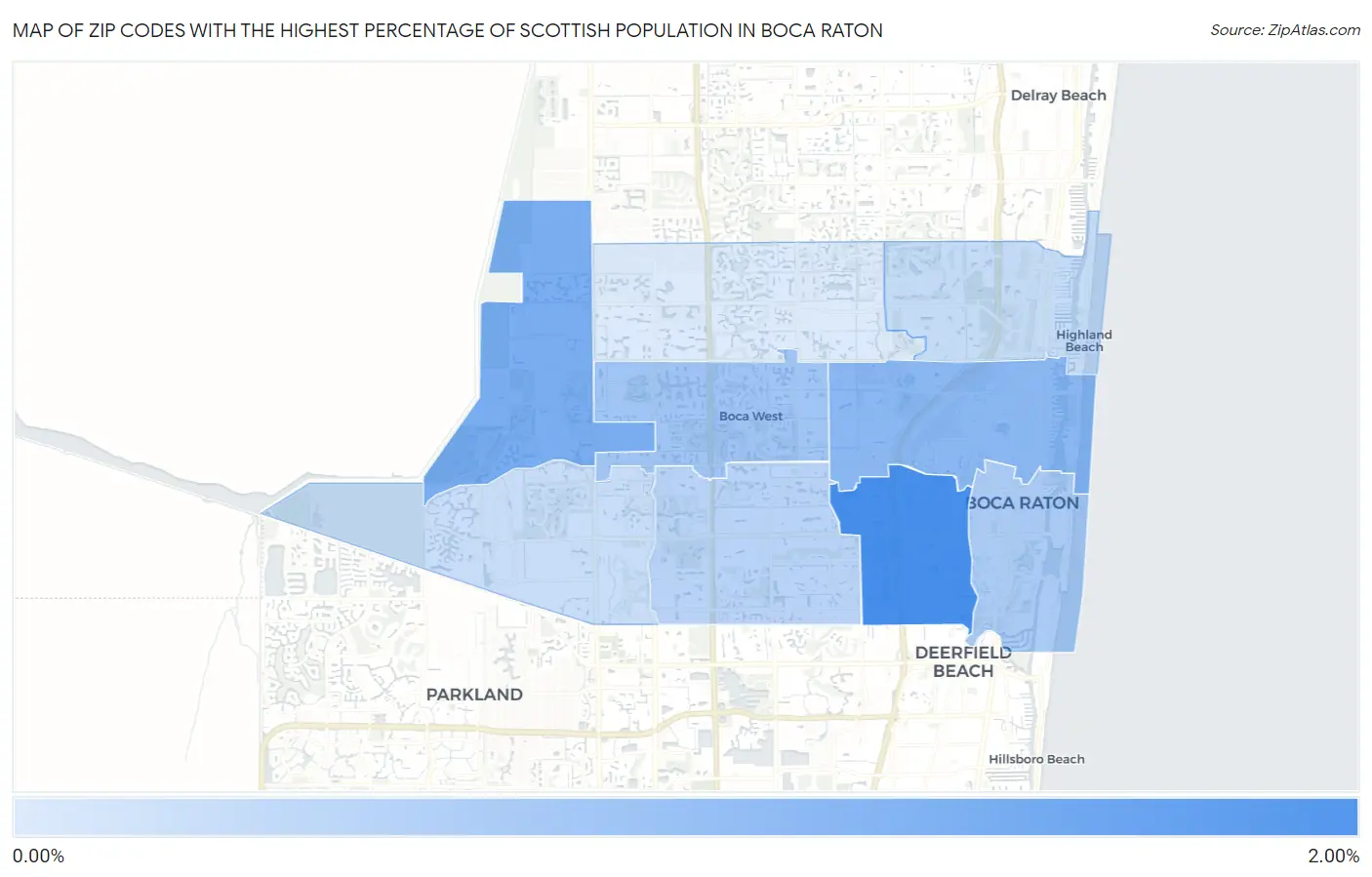 Zip Codes with the Highest Percentage of Scottish Population in Boca Raton Map