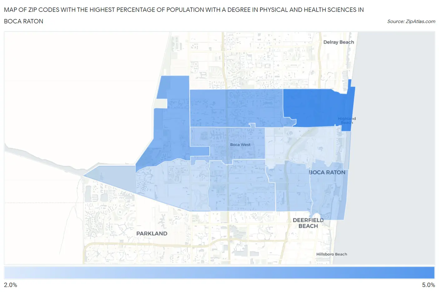 Zip Codes with the Highest Percentage of Population with a Degree in Physical and Health Sciences in Boca Raton Map