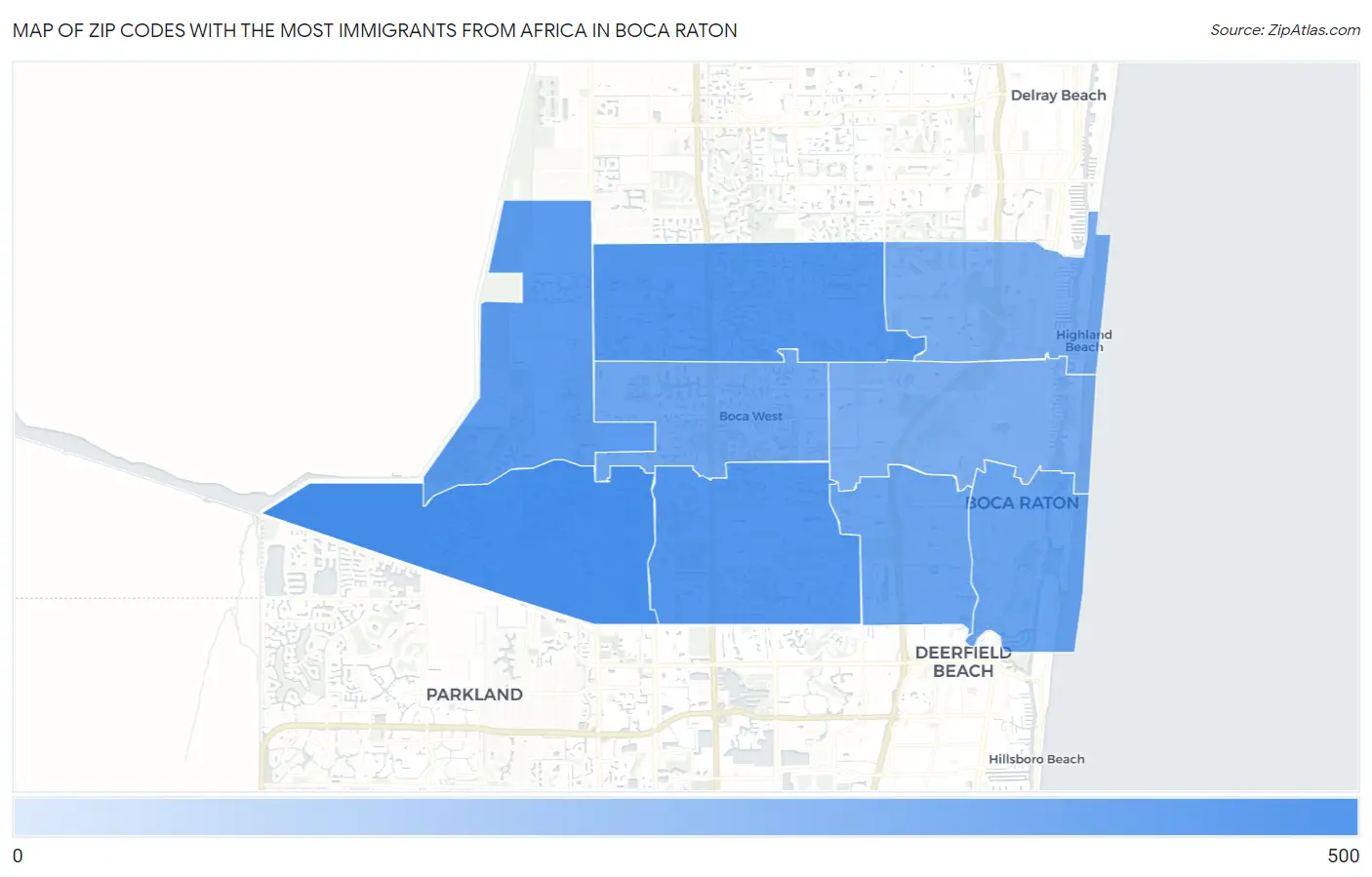 Zip Codes with the Most Immigrants from Africa in Boca Raton Map