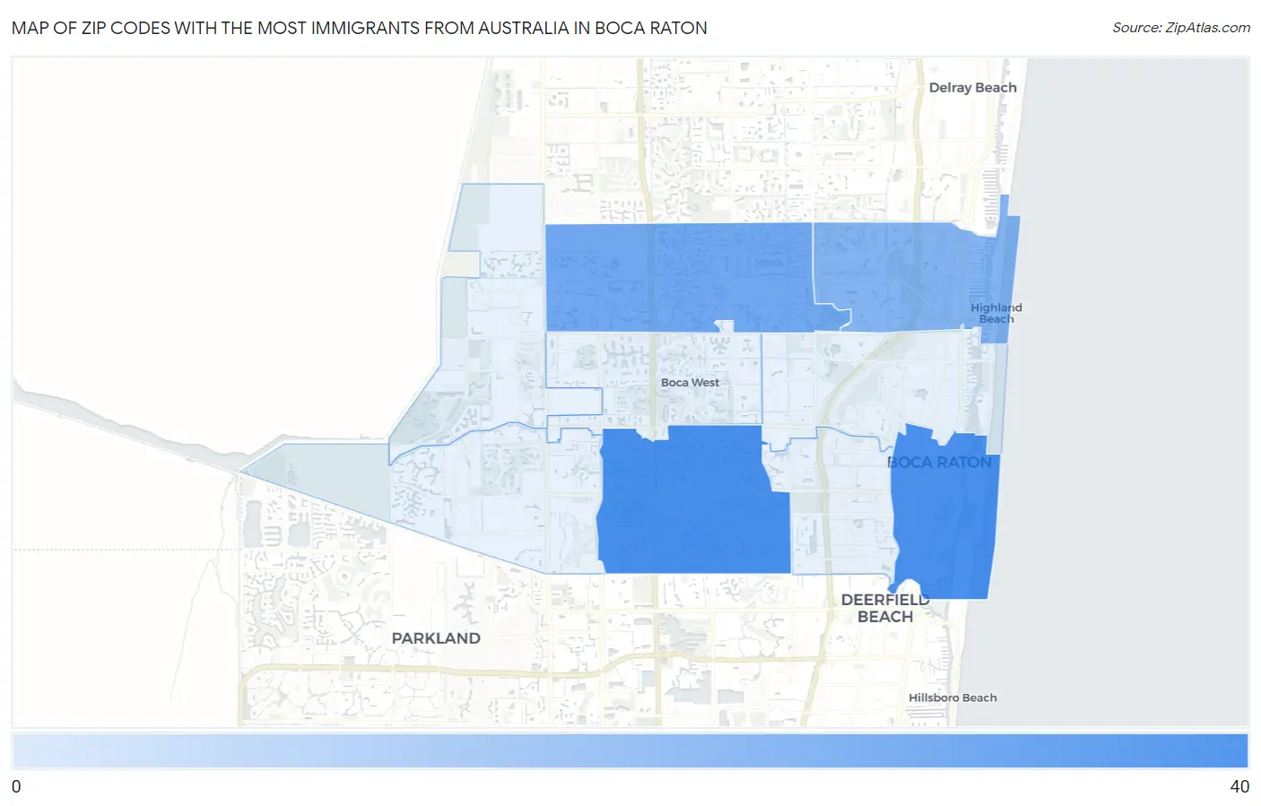 Zip Codes with the Most Immigrants from Australia in Boca Raton Map