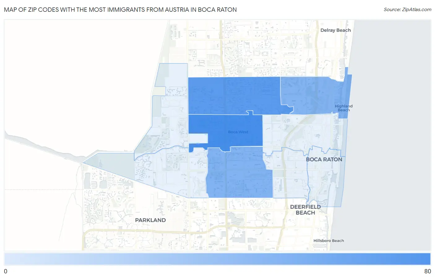 Zip Codes with the Most Immigrants from Austria in Boca Raton Map
