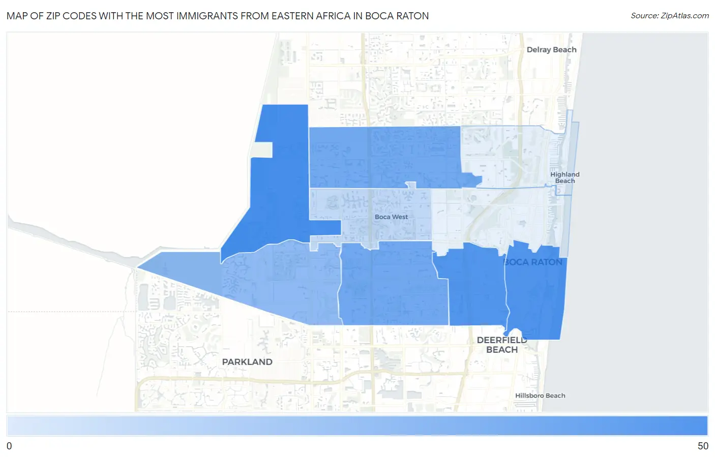 Zip Codes with the Most Immigrants from Eastern Africa in Boca Raton Map