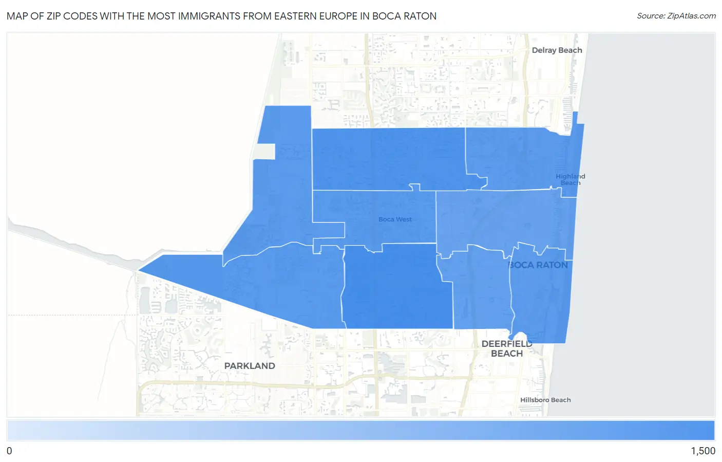 Zip Codes with the Most Immigrants from Eastern Europe in Boca Raton Map