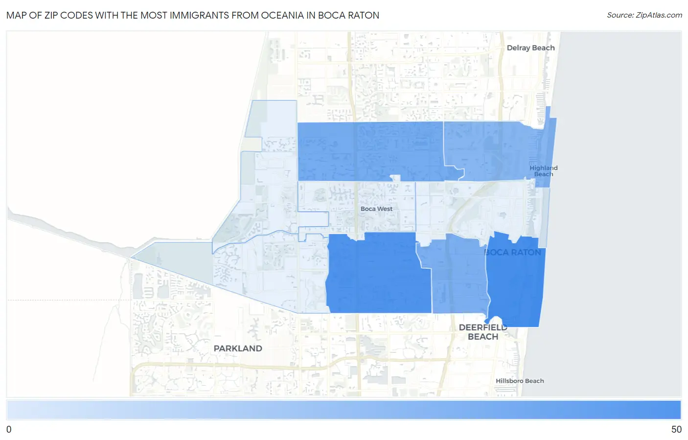 Zip Codes with the Most Immigrants from Oceania in Boca Raton Map