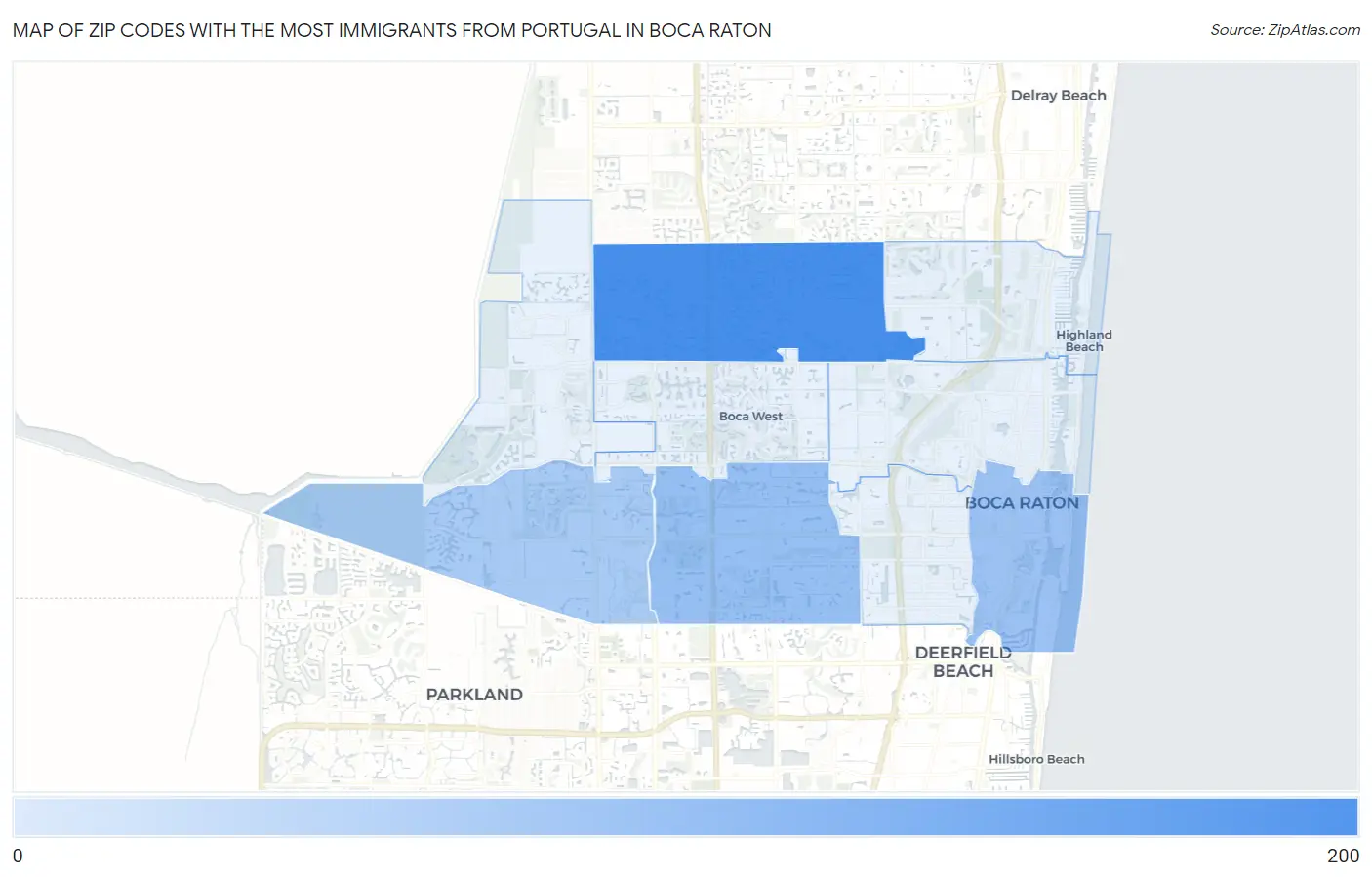 Zip Codes with the Most Immigrants from Portugal in Boca Raton Map