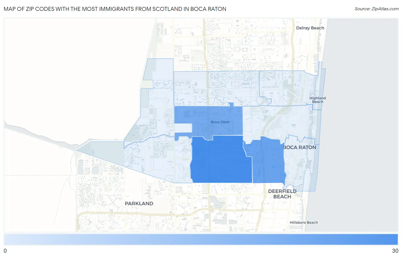 Zip Codes with the Most Immigrants from Scotland in Boca Raton Map