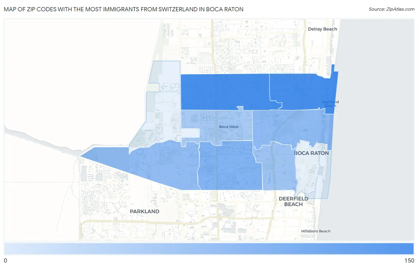 Zip Codes with the Most Immigrants from Switzerland in Boca Raton Map