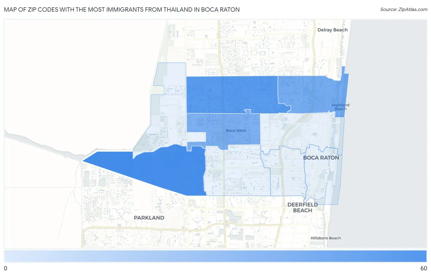 Zip Codes with the Most Immigrants from Thailand in Boca Raton Map