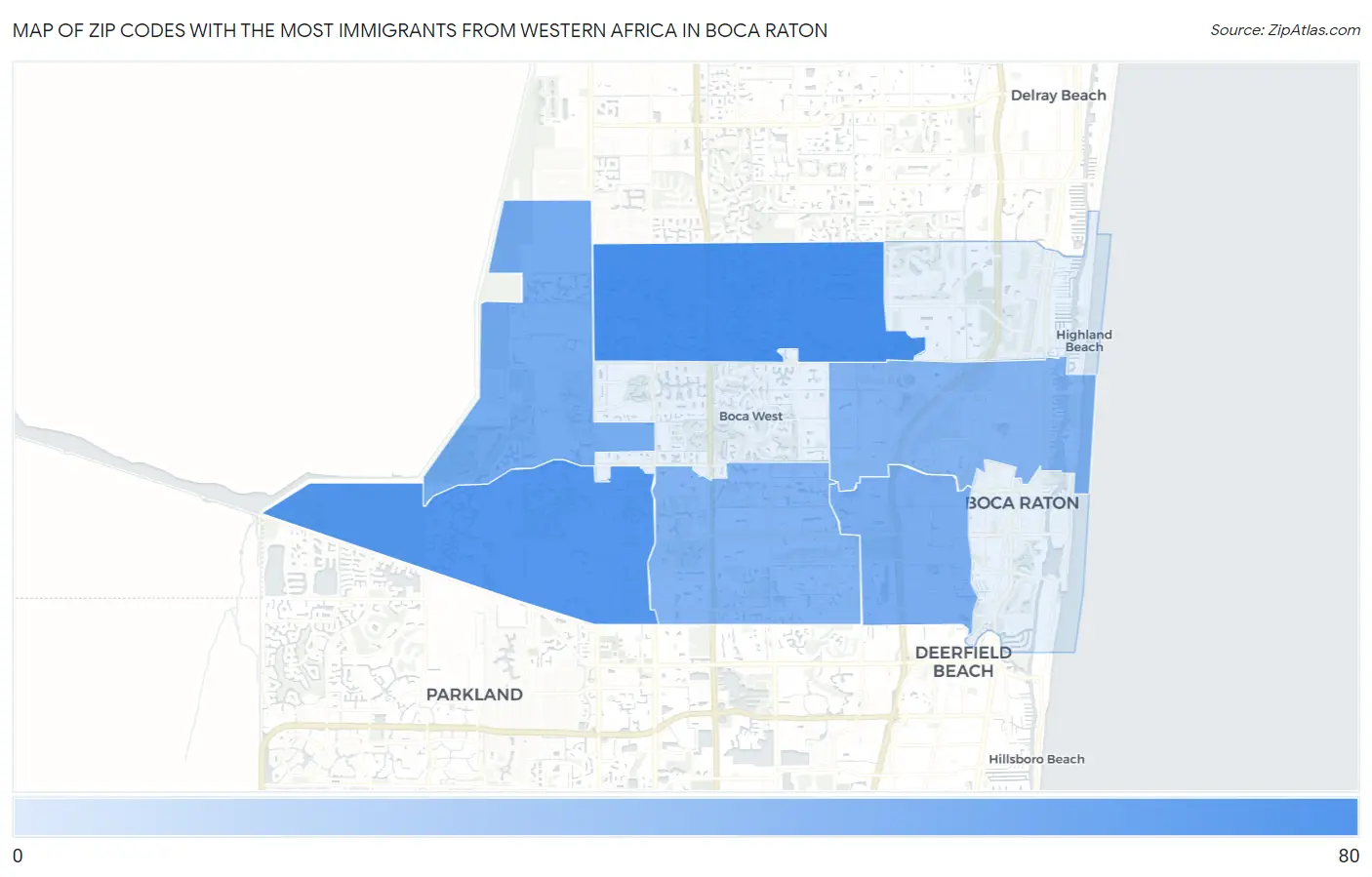 Zip Codes with the Most Immigrants from Western Africa in Boca Raton Map