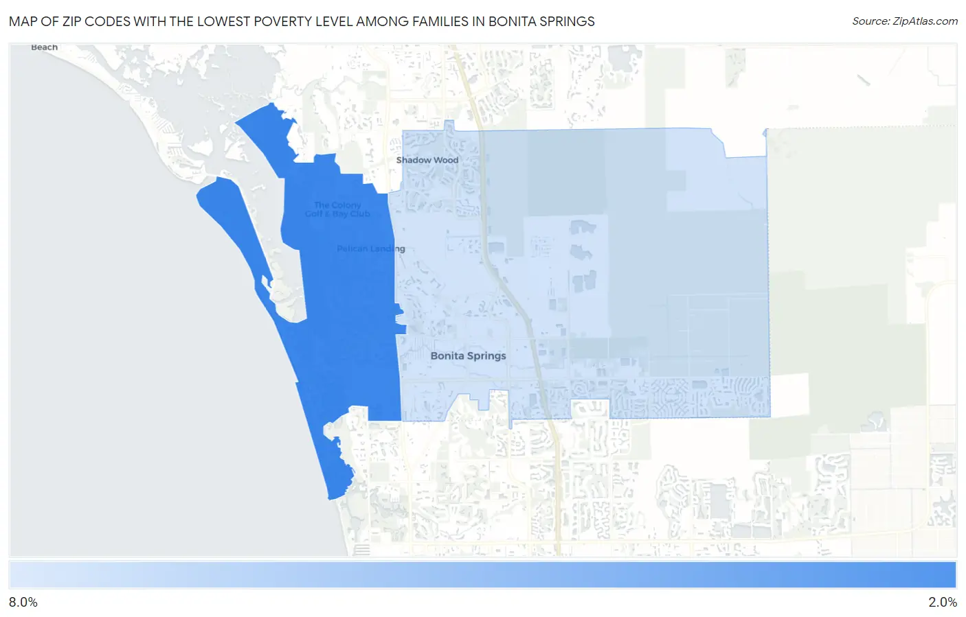 Zip Codes with the Lowest Poverty Level Among Families in Bonita Springs Map