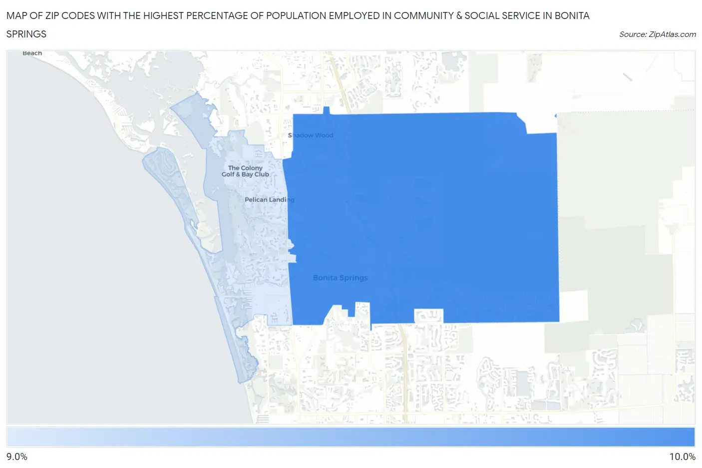 Zip Codes with the Highest Percentage of Population Employed in Community & Social Service  in Bonita Springs Map