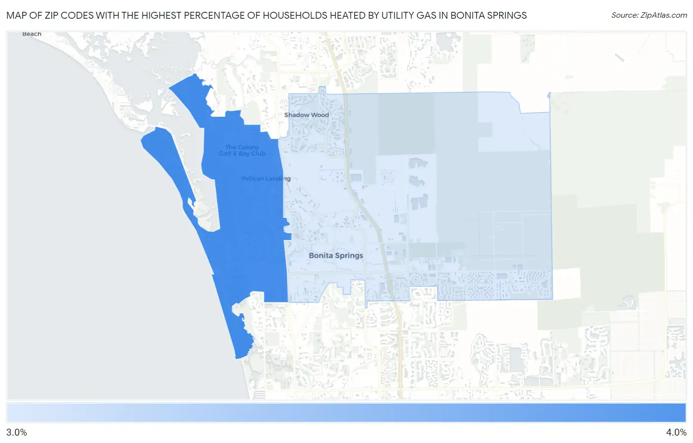 Zip Codes with the Highest Percentage of Households Heated by Utility Gas in Bonita Springs Map