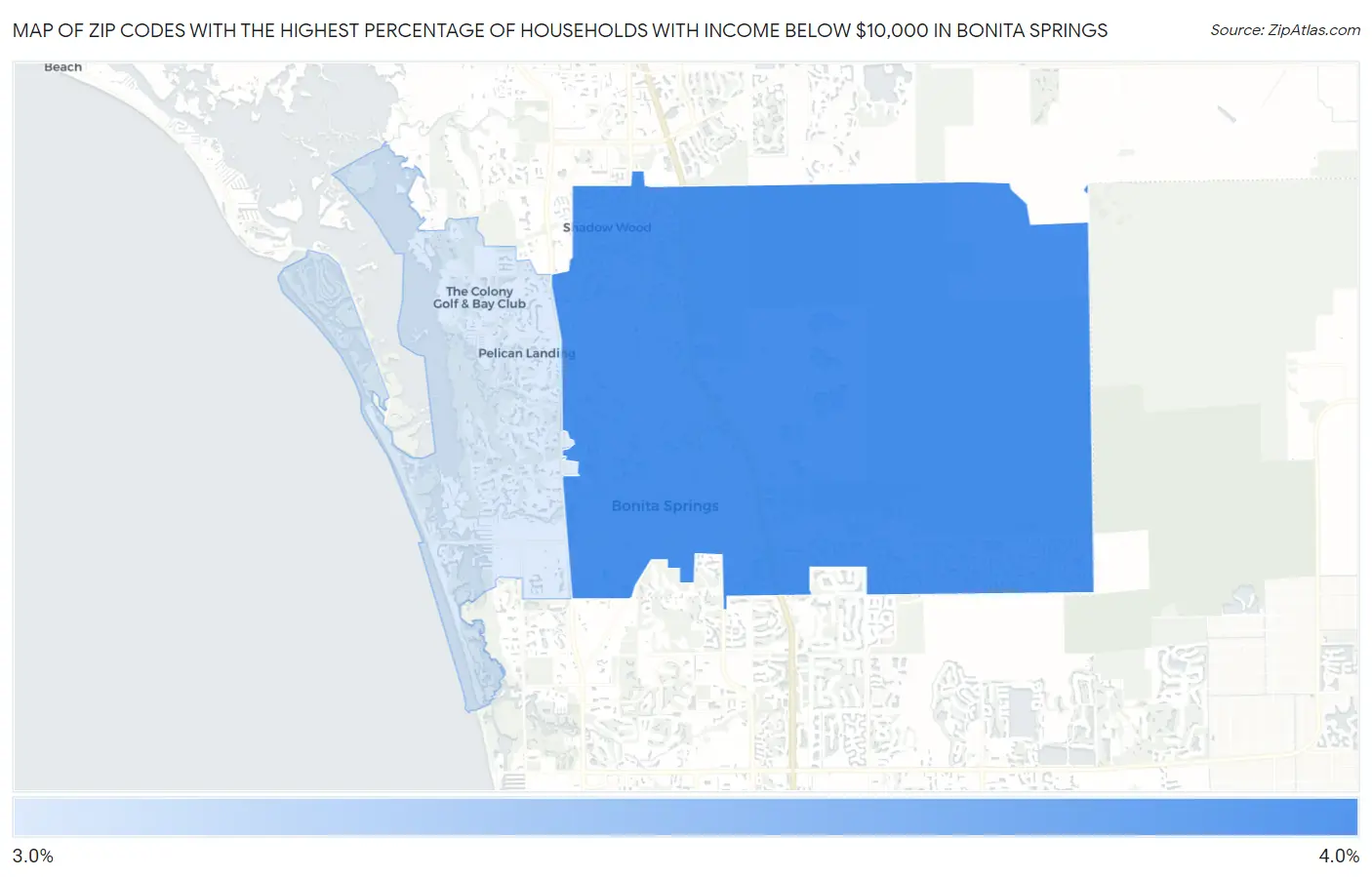 Zip Codes with the Highest Percentage of Households with Income Below $10,000 in Bonita Springs Map