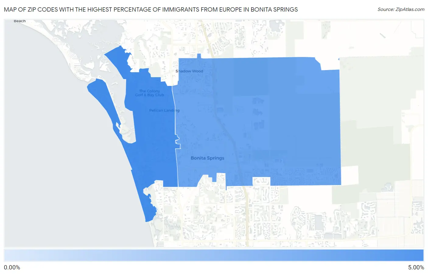 Zip Codes with the Highest Percentage of Immigrants from Europe in Bonita Springs Map