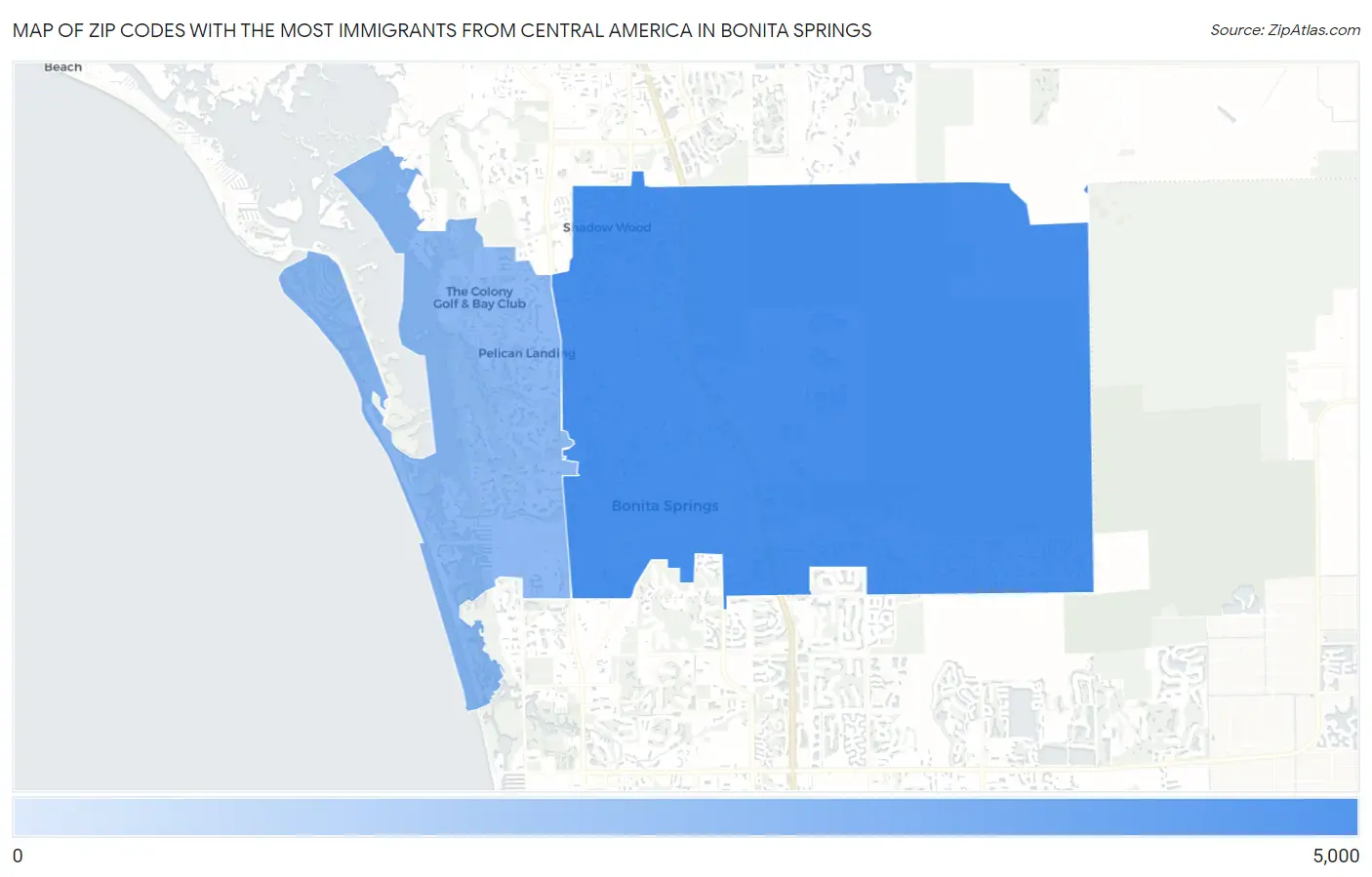 Zip Codes with the Most Immigrants from Central America in Bonita Springs Map