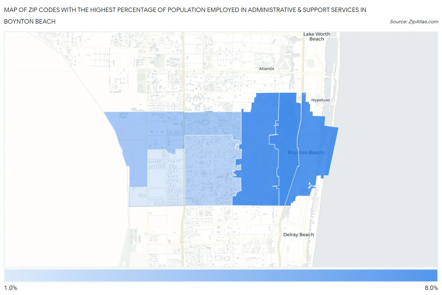 Zip Codes with the Highest Percentage of Population Employed in Administrative & Support Services in Boynton Beach Map