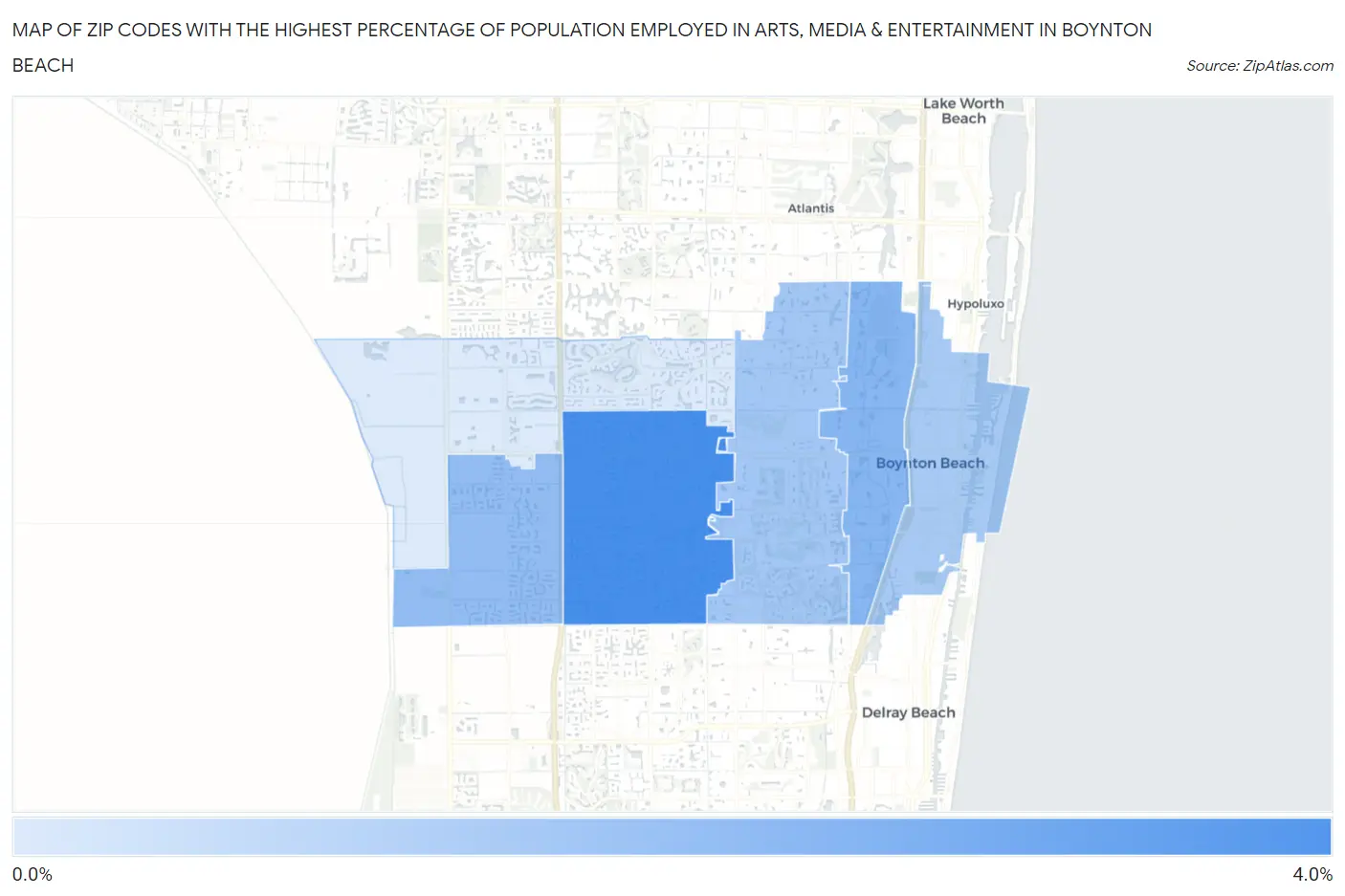 Zip Codes with the Highest Percentage of Population Employed in Arts, Media & Entertainment in Boynton Beach Map