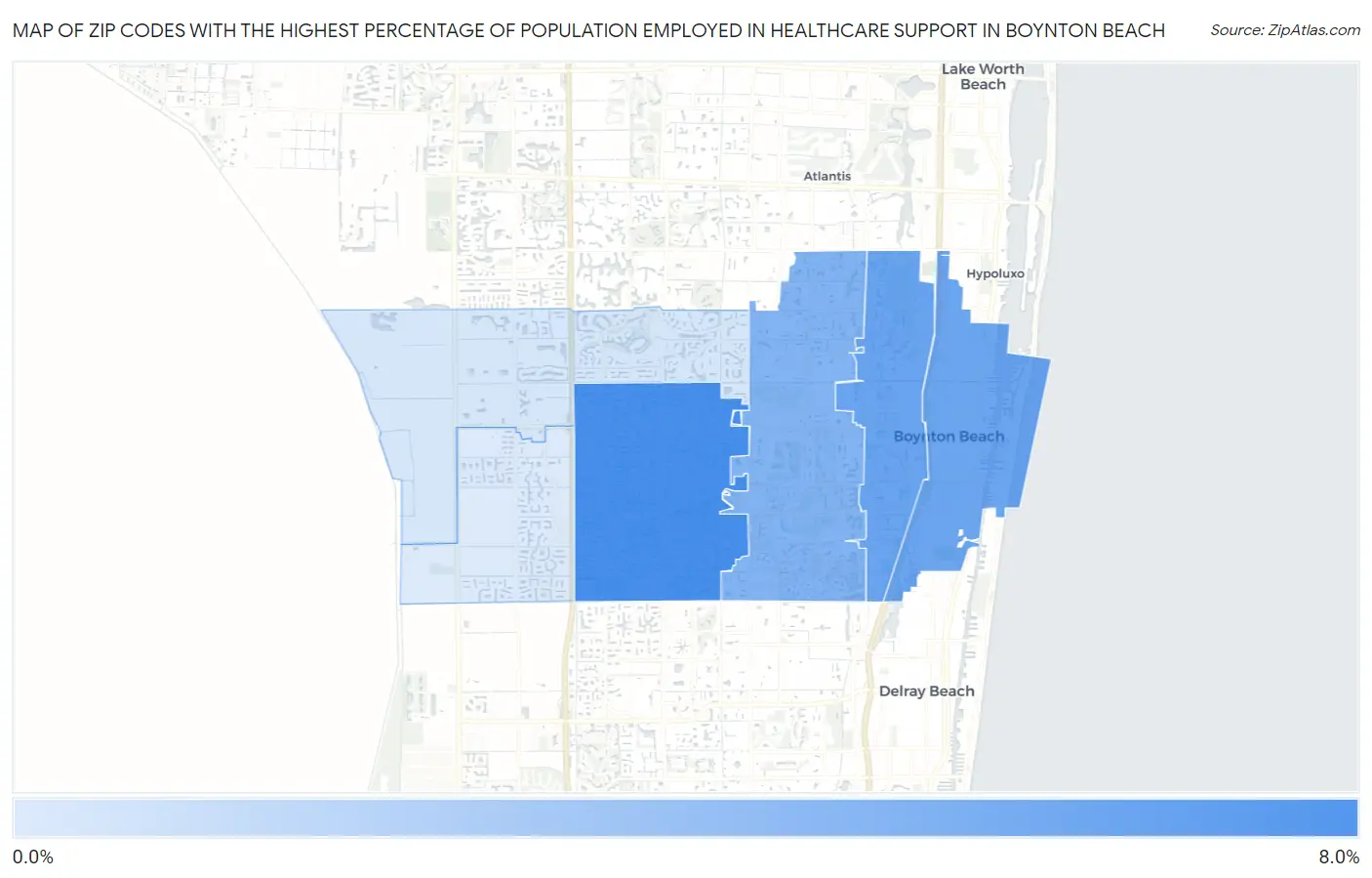 Zip Codes with the Highest Percentage of Population Employed in Healthcare Support in Boynton Beach Map