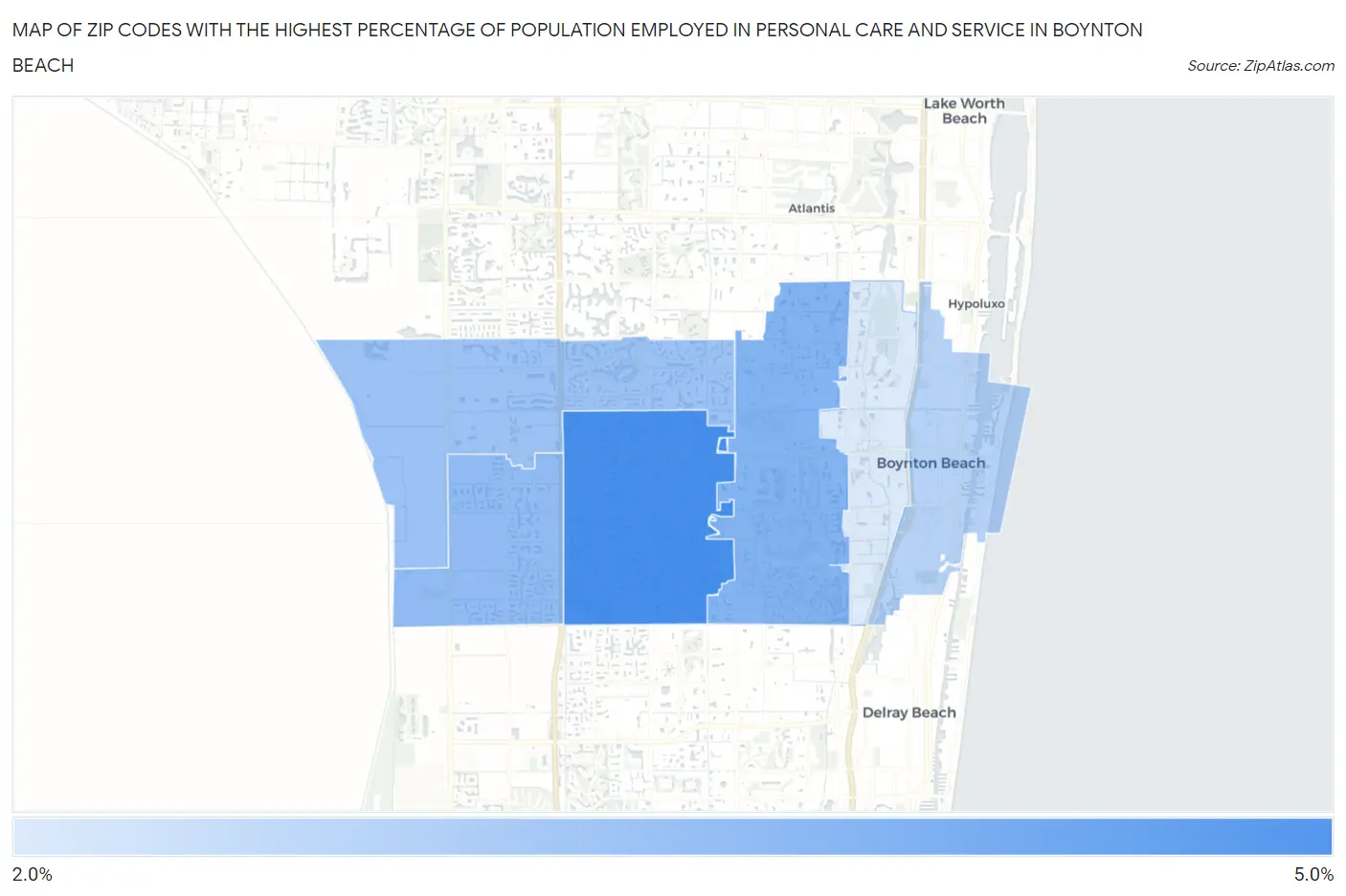 Zip Codes with the Highest Percentage of Population Employed in Personal Care and Service in Boynton Beach Map