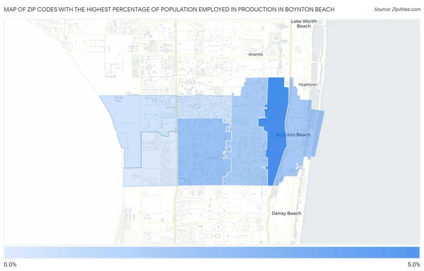 Zip Codes with the Highest Percentage of Population Employed in Production in Boynton Beach Map