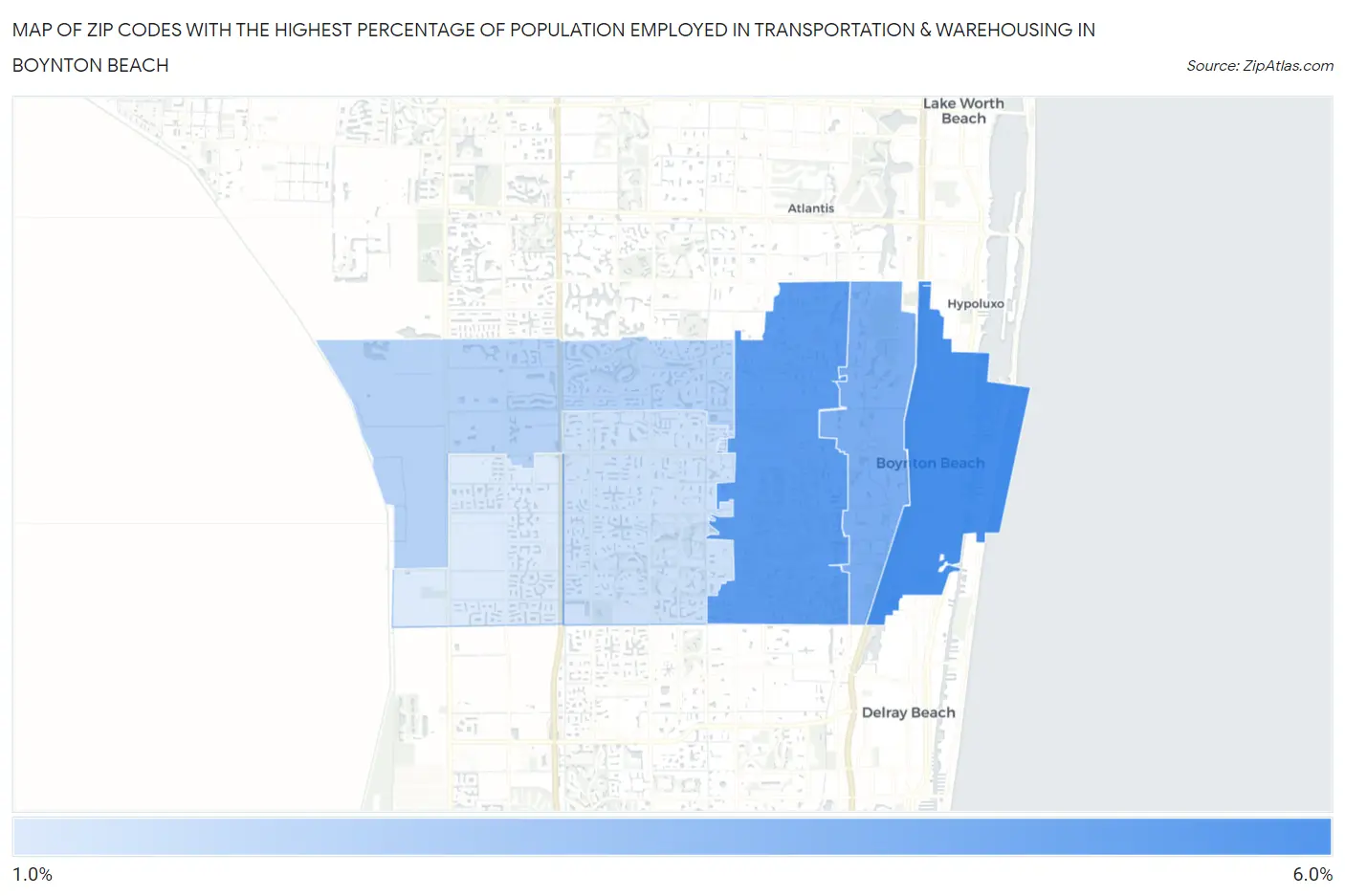 Zip Codes with the Highest Percentage of Population Employed in Transportation & Warehousing in Boynton Beach Map