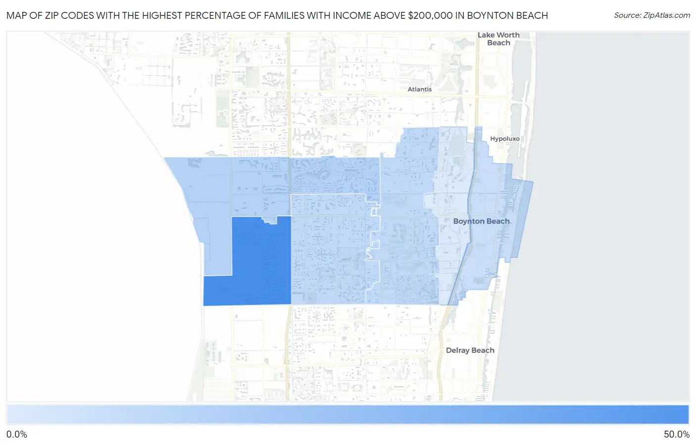 Zip Codes with the Highest Percentage of Families with Income Above $200,000 in Boynton Beach Map