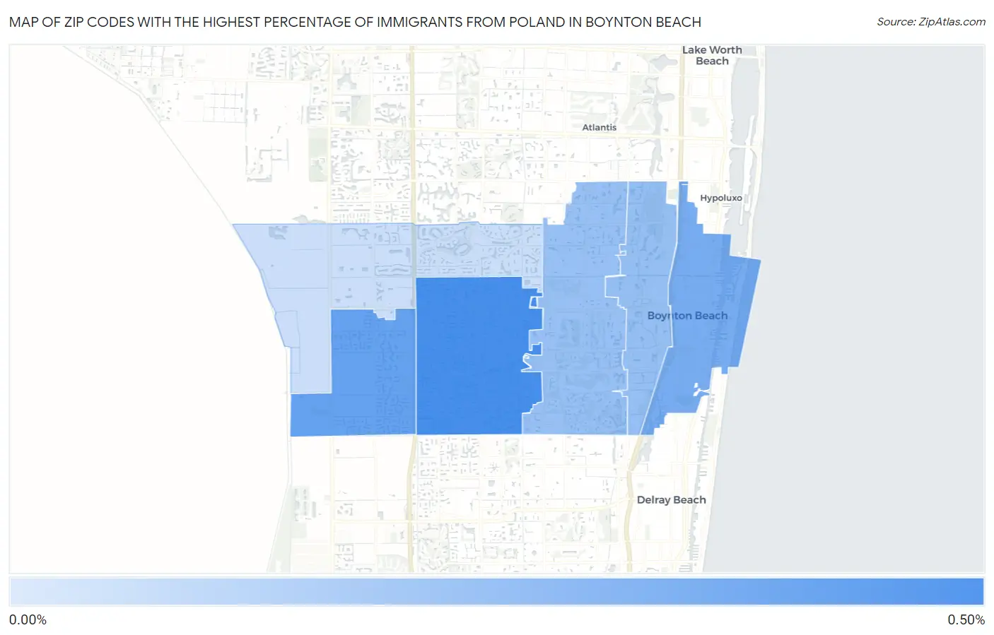 Zip Codes with the Highest Percentage of Immigrants from Poland in Boynton Beach Map