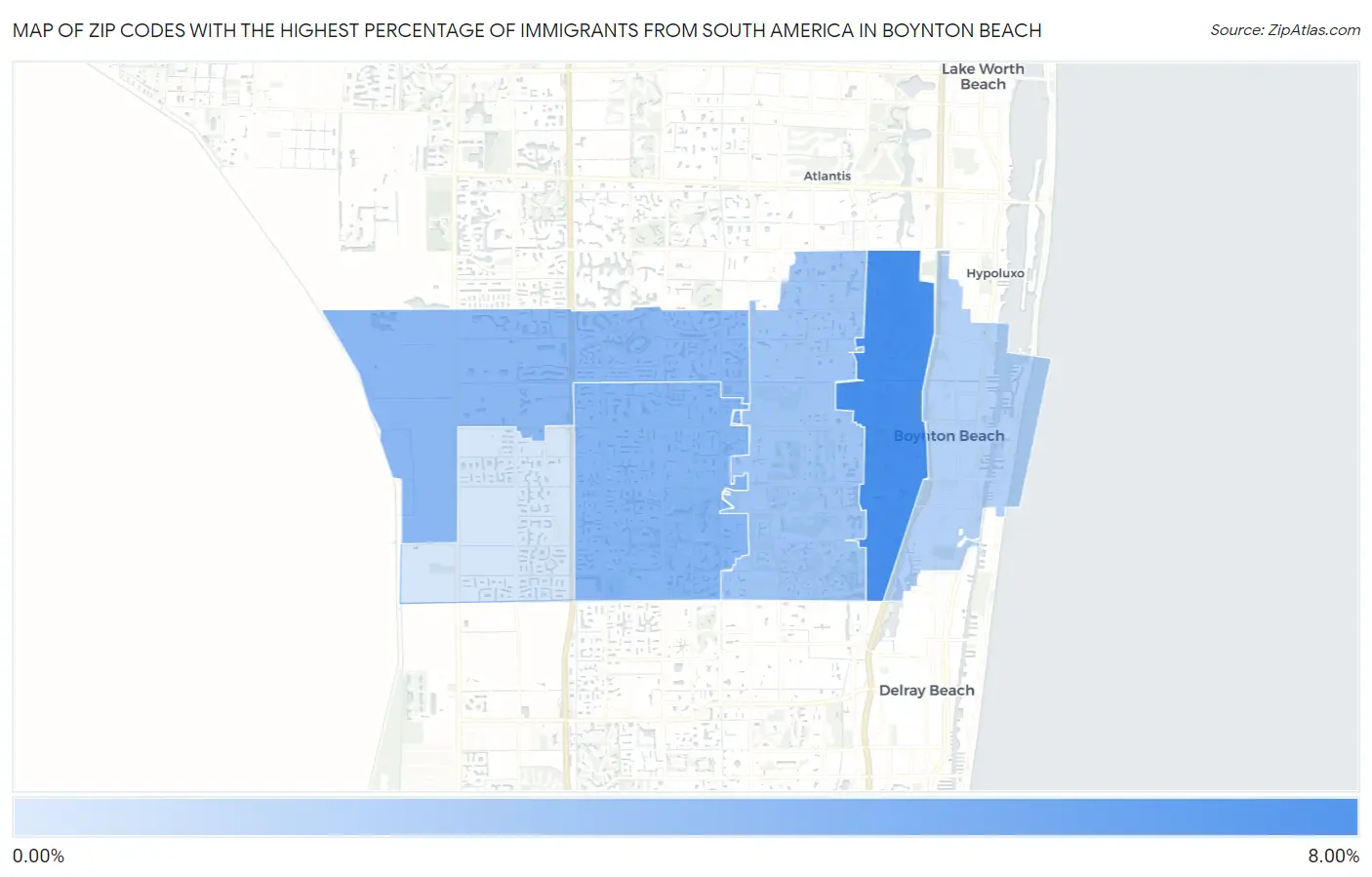 Zip Codes with the Highest Percentage of Immigrants from South America in Boynton Beach Map